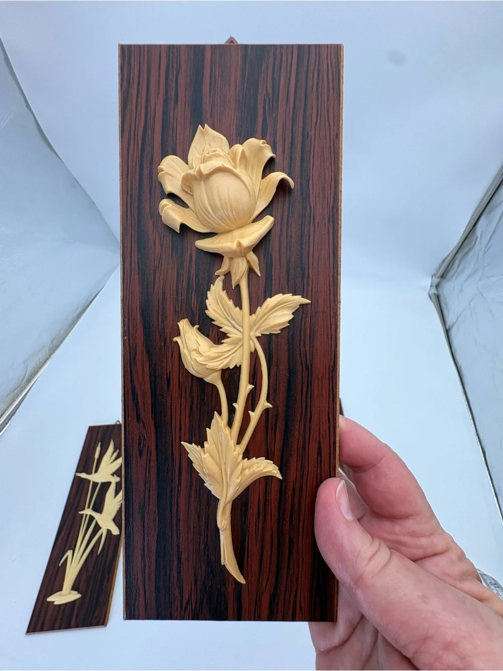 Set of 3 Mid-Century Modern Carved Wall Plaques in Brown and Cream